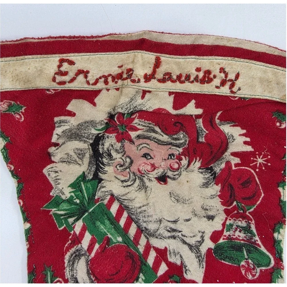 Vintage Mid Century Merry Christmas Stocking Reindeer Santa Kitten Personalized